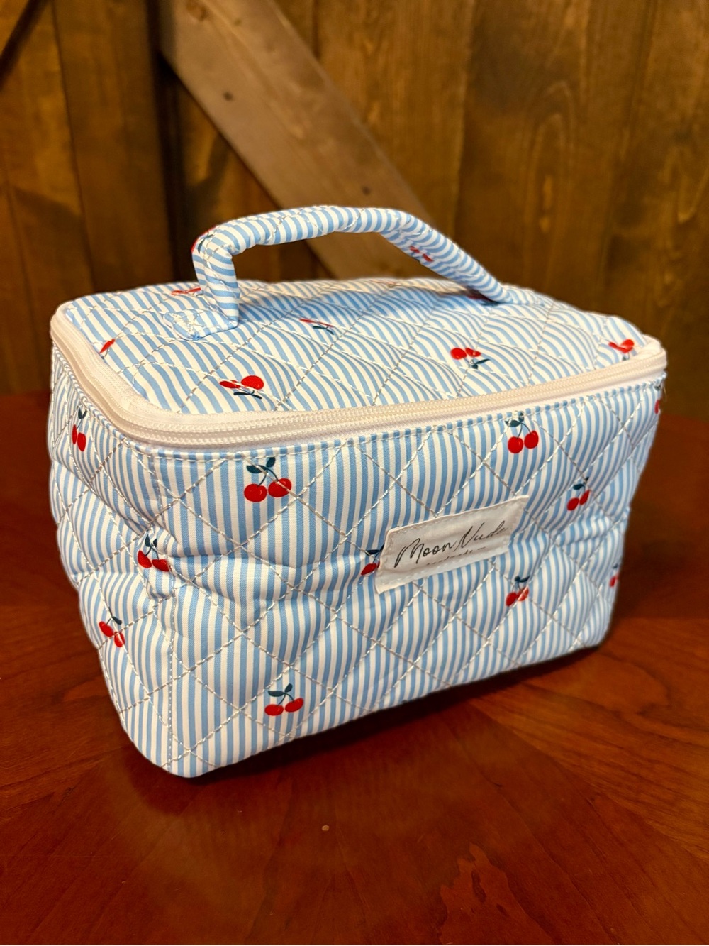 Moon Nude Quilted Cherry Print Cosmetic Train Case - Light Blue & White